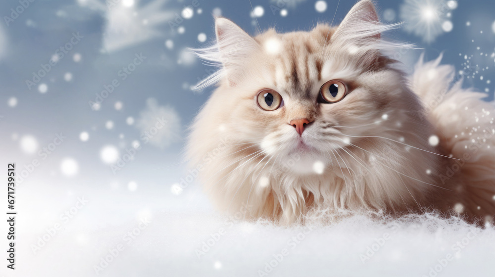 Fluffy cat lies in winter snowy scenery.