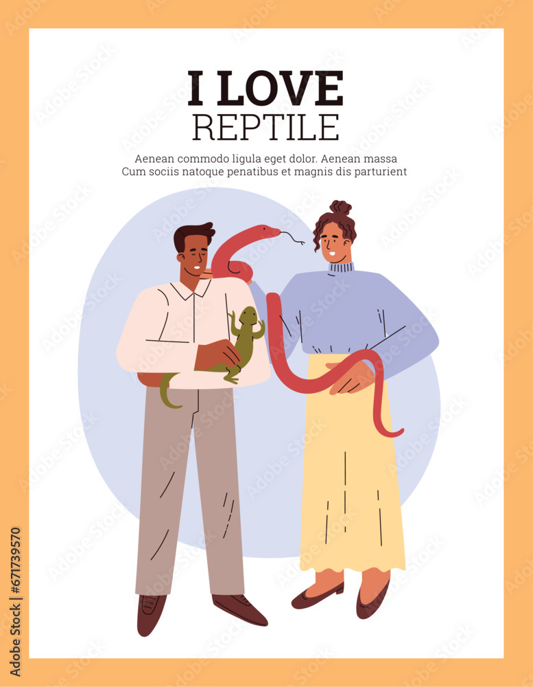 Man holding lizard and woman holding snake. Man holding lizard and woman holding snake.