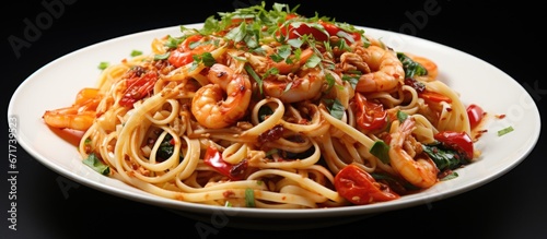 Seafood infused spaghetti a delicious fusion of Italian and Asian flavors ideal for food enthusiasts eateries and cooking blogs