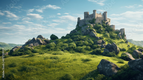 An old stone castle is situated atop a hill  surrounded by a vibrant green landscape and a brilliant blue sky