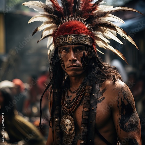 A fierce Native American warrior in traditional dress. 