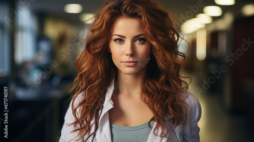 Redheaded female doctor in hospital corridor, windblown hair, arms crossed