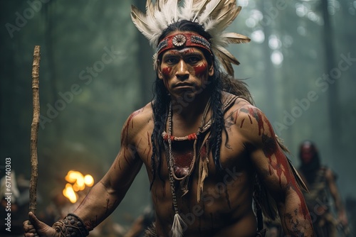 A fierce Native American warrior in traditional dress. 
