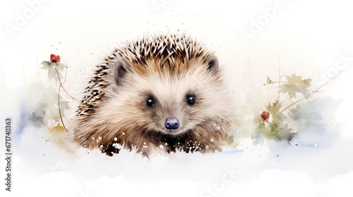 Adorable hedgehog in snow, winter snowy grasses. Cute watercolor illustration for children, students and young-minded people.