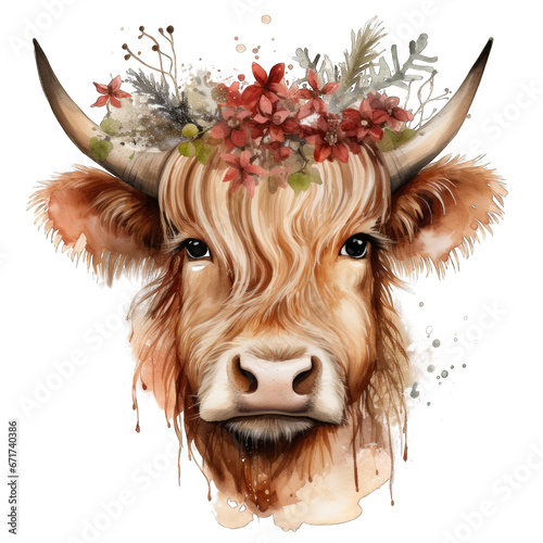 Cute Highland Cow And Wild Flowers Water Color Art. Wild And Free Style Art.  photo