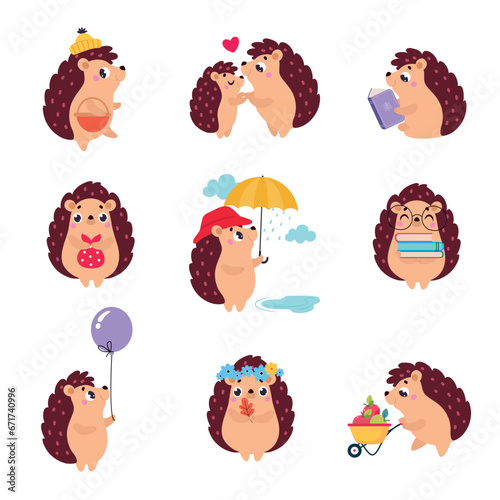 Cute Hedgehog Character Engaged in Different Activity Vector Set