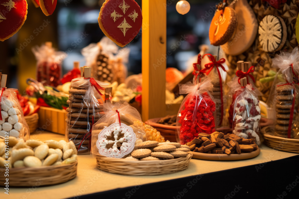Christmas Market Stall: A Christmas market stall with holiday decorations, Christmas cookies and diverse food assortment