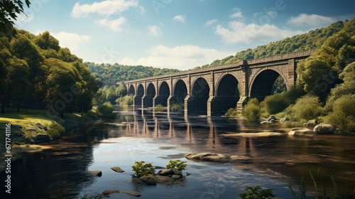 An old railway bridge stands tall above a winding river, its large arches creating a majestic view of the surrounding landscape