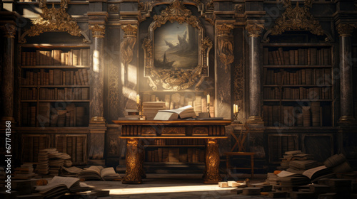 An old, musty library with crumbling bookshelves and a single, mysterious book on the top shelf