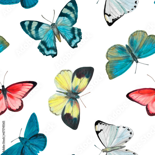 Drawn butterflies on a white background, watercolor seamless pattern for postcard, wrapping paper, wallpaper. © Sergei