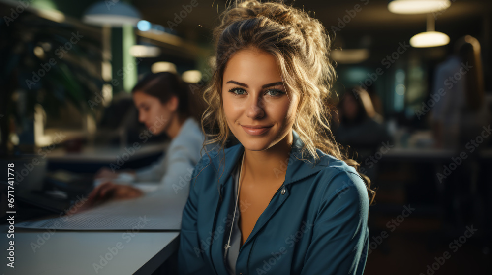 Smiling female medical secretary at desk with blurred hospital background. Smiling female medical secretary at desk with blurred hospital background.