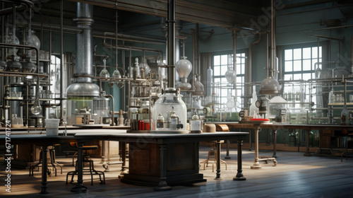 An old, musty laboratory with unknown contraptions and test tubes photo