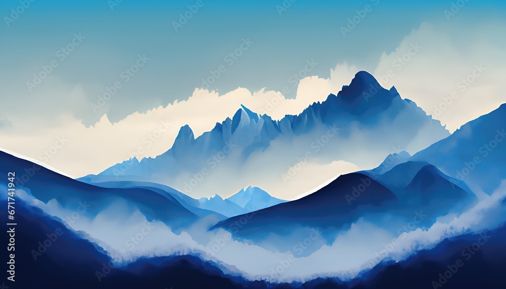 Watercolor mountains in the fog.