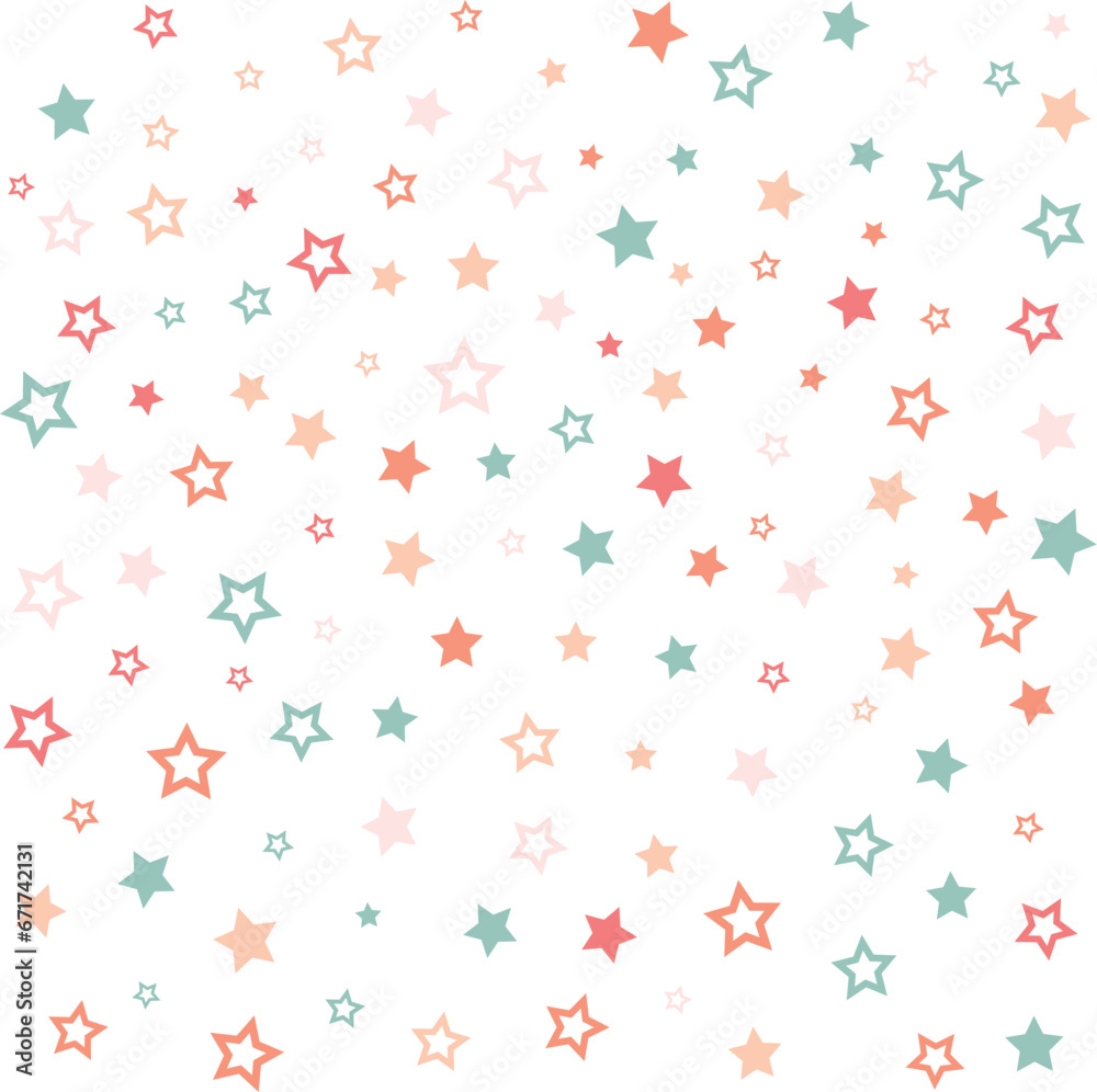 Cute stars seamless pattern, vector, baby confetti falling on white. flying stars glitter vector backdrop.