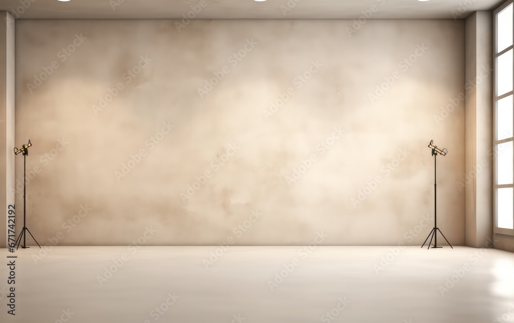 Elegant cream studio mockup room with a soft floor, accented by a spotlight, perfect for showcasing products in style.