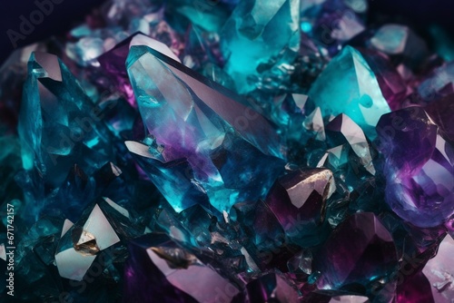 Abstract, shiny, crystal fragments, colorful, turquoise, purple wallpaper. Generative AI