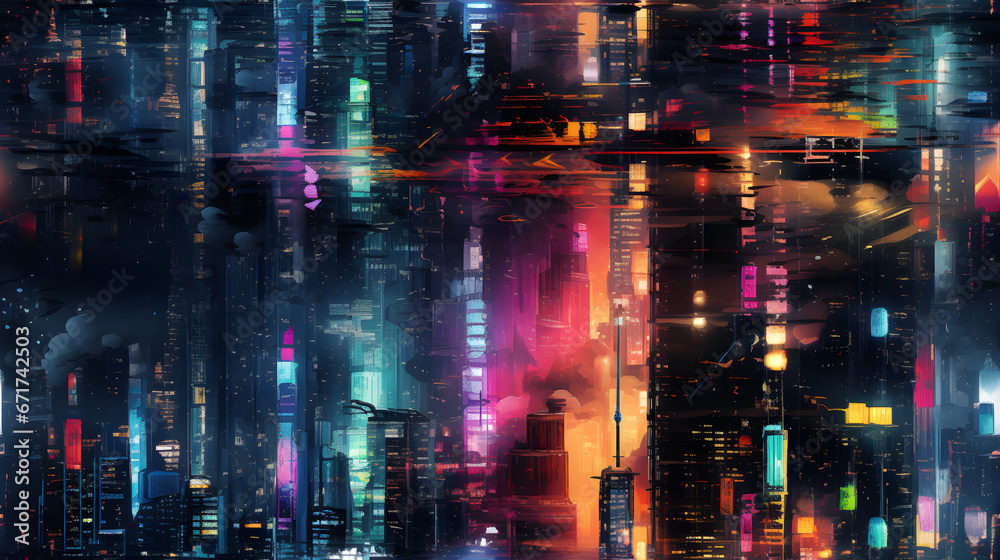 Neon-lit skyscrapers reflecting on wet streets