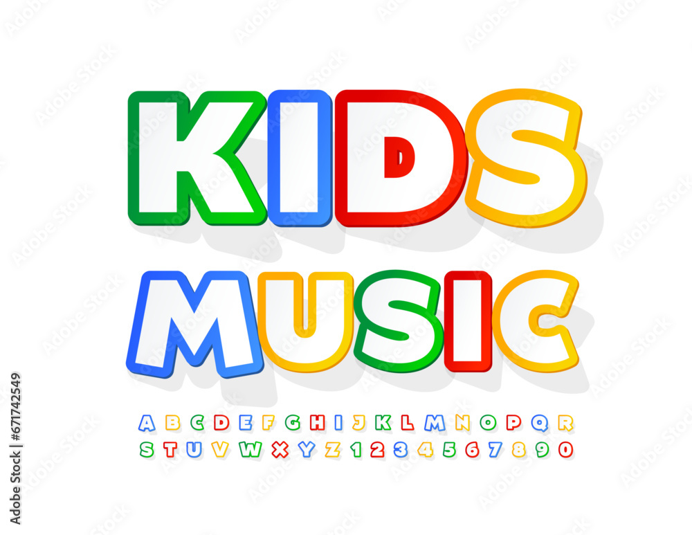 Vector creative Banner Kids Music. Colorful Font. Sticker style Alphabet Letters and Numbers