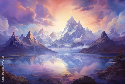 Stunning artwork depicting a scenic vista of majestic peaks and billowy sky. Generative AI