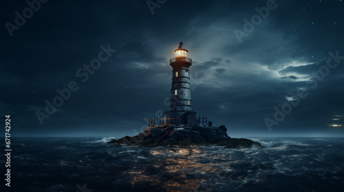 An old lighthouse stands atop a rocky cliff, its light piercing through the darkness of the night 
