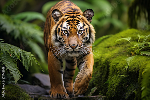 Adult wild beautiful tiger walking and hunting in nature