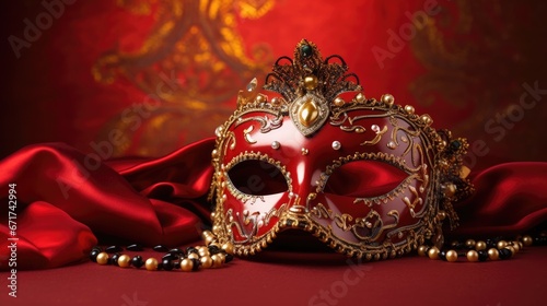 Festive Venetian carnival mask with gold decorations on red background.