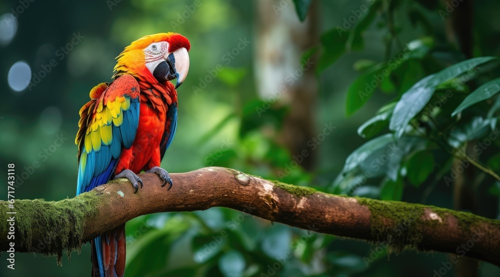 Colorful scarlet macaw parrot in jungle.