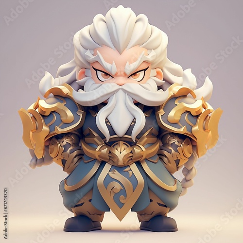 AI generated illustration of a cartoon character of an old man with white beard wearing golden armor photo