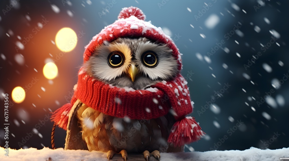 Adorable Owl Dressed in Christmas Outfits, Portrait Illustration