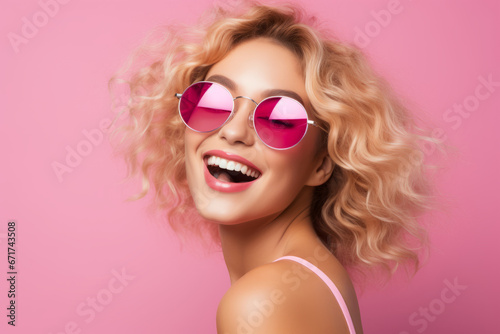 Fun portrait of blonde woman with pink glasses.