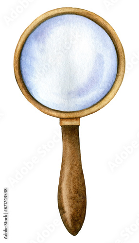 Magnifying glass on a wooden handle. Hand drawn watercolor loupe illustration isolated on white background.