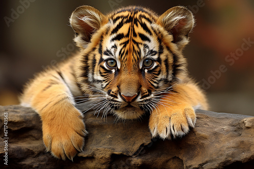Tiger cub in nature on summer forest background. Closeup animal portrait