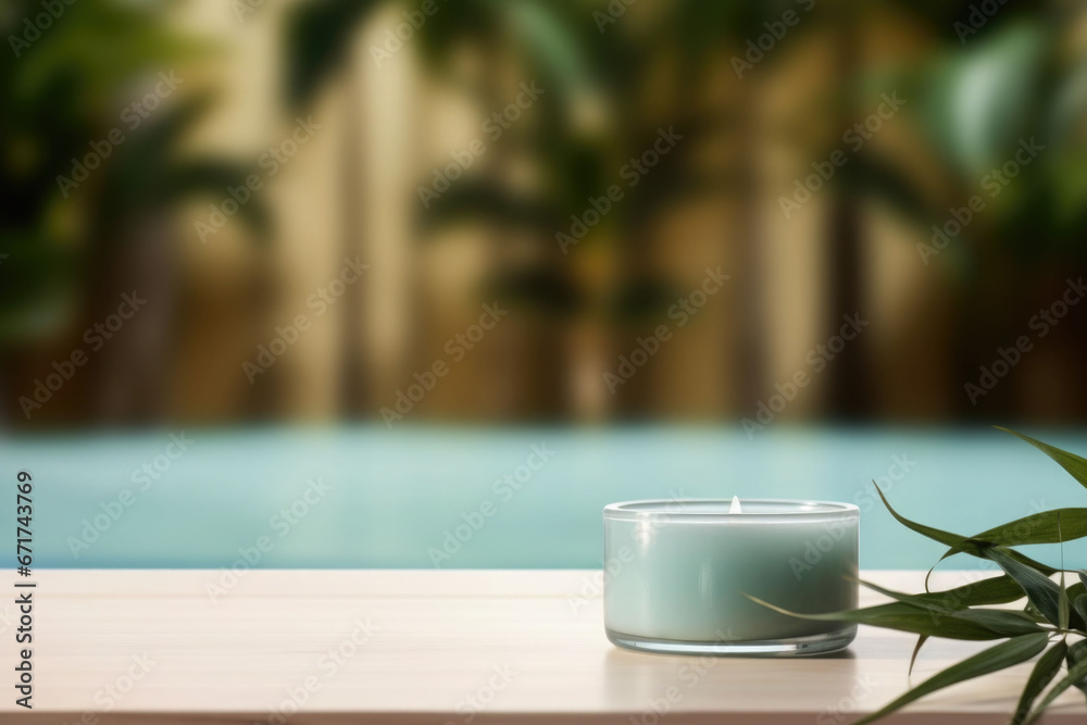 View of spa accessories on the table with spa in the background. AI generated View of spa accessories on the table with spa in the background. AI generated