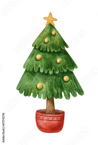 Christmas tree in a pot. watercolor illustration isolated on white background