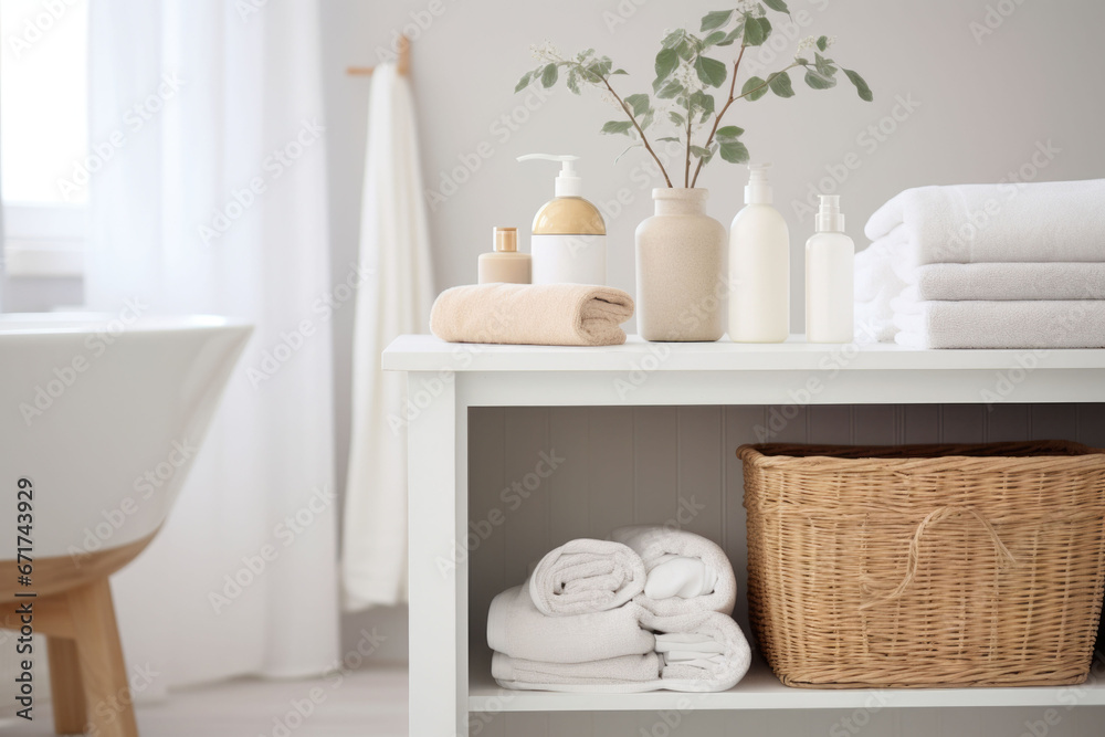 Corner of the bathroom cabinet. Shelving unit and baskets with clean towels and toiletries. Generative AI