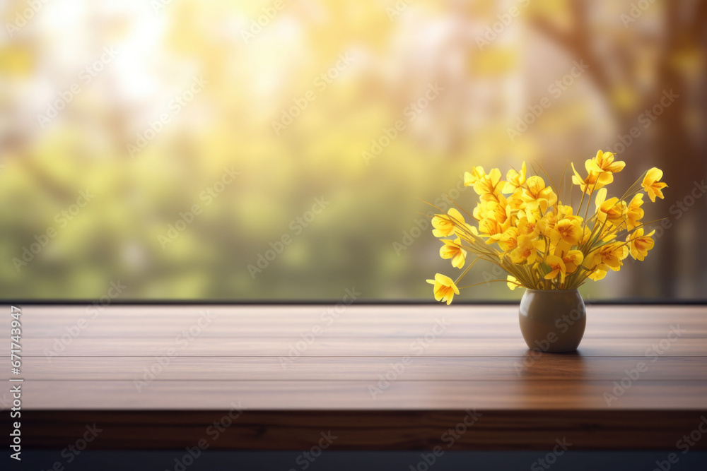 A wooden table top in front of a window with yellow flowers. Generative AI A wooden table top in front of a window with yellow flowers. Generative AI