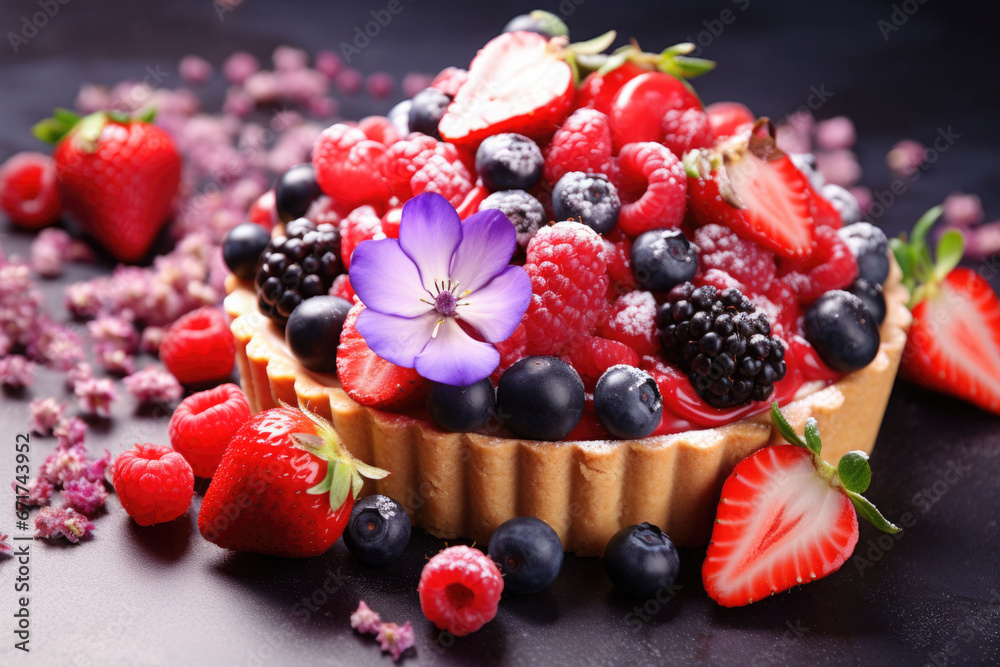 Appetizing fruit tart consisting of blueberries and raspberries with blossoms. Generative AI Appetizing fruit tart consisting of blueberries and raspberries with blossoms. Generative AI