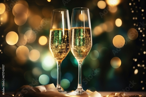 New year s eve celebration background with champagne. Green bokeh. Generative AI