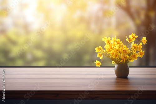 A wooden table top in front of a window with yellow flowers. Generative AI