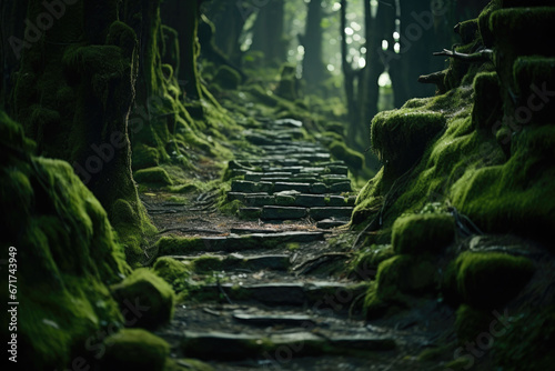 A moss covered old stone pathway in a forest. Mystic atmosphere. Generative AI