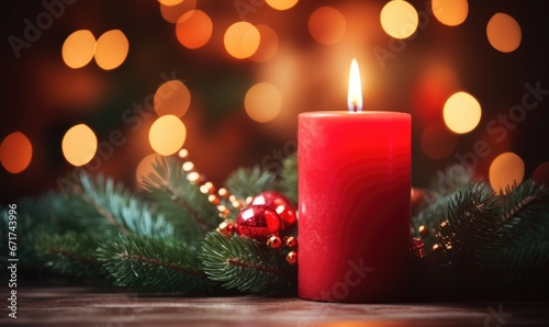 christmas candle and christmas fir tree with bokeh background