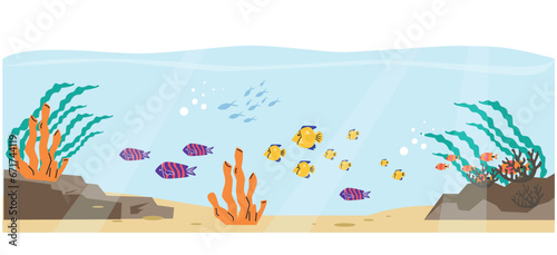 Sea underwater tropical coral reef banner background, flat vector illustration.