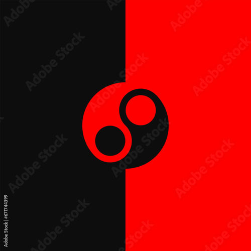 Red and black background with yin yang symbol. Editable vector template.
