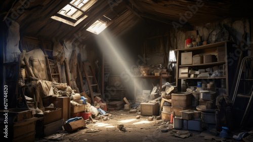 An old, forgotten storeroom with piles of forgotten items photo