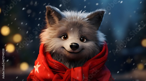 Adorable Wolf in Red Hat and Scarf with Snowy Background © Mauro
