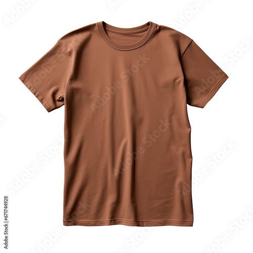 a single brown t-shirt, front view. T-shirt mockup template isolated on a transparent background. PNG, cutout, or clipping path.