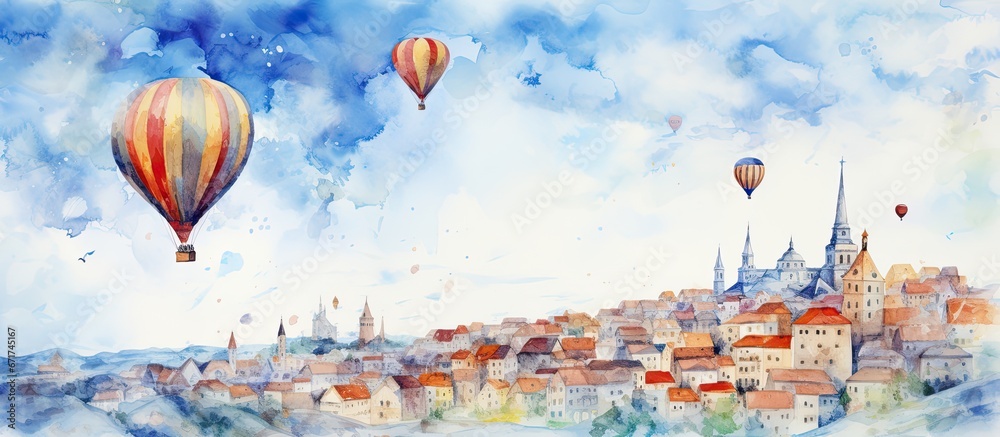 Fly over a city in a hot air balloon Childrens watercolor sketch - obrazy, fototapety, plakaty 