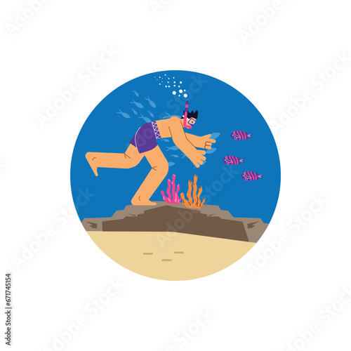 Man in diving mask swimming in sea and observing coral reef, snorkeler watching marine fauna, scuba cartoon vector round