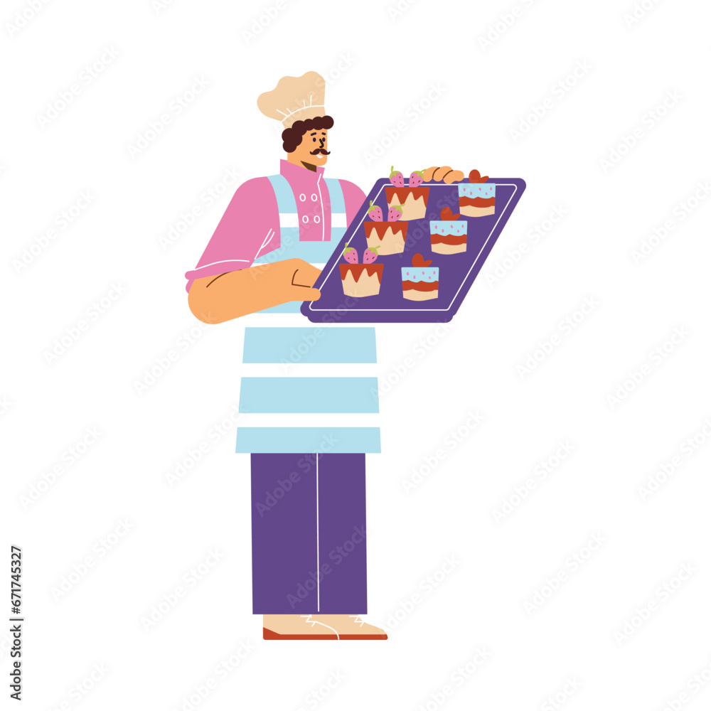 Mustachioed confectioner man holding dessert tray flat style