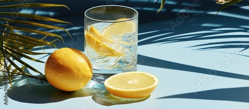 Summer themed still life with glass dried lemon drink palm shadow on pastel background Concept of summer vacation Long shadow and refraction pattern